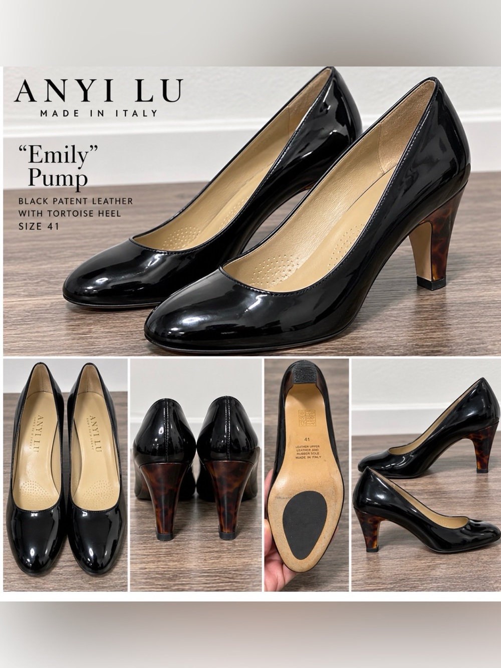 ANYI LU Emily Black Patent Leather Pumps with Tortoise Heel size 41 size 8.5, 9